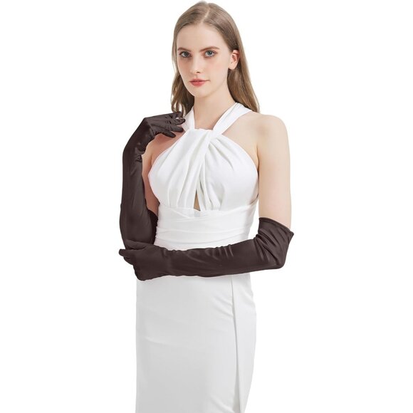 Women's Brown Long Imported Satin Elbow Length Halloween Cosplay Opera Gloves - Picture 4 of 7